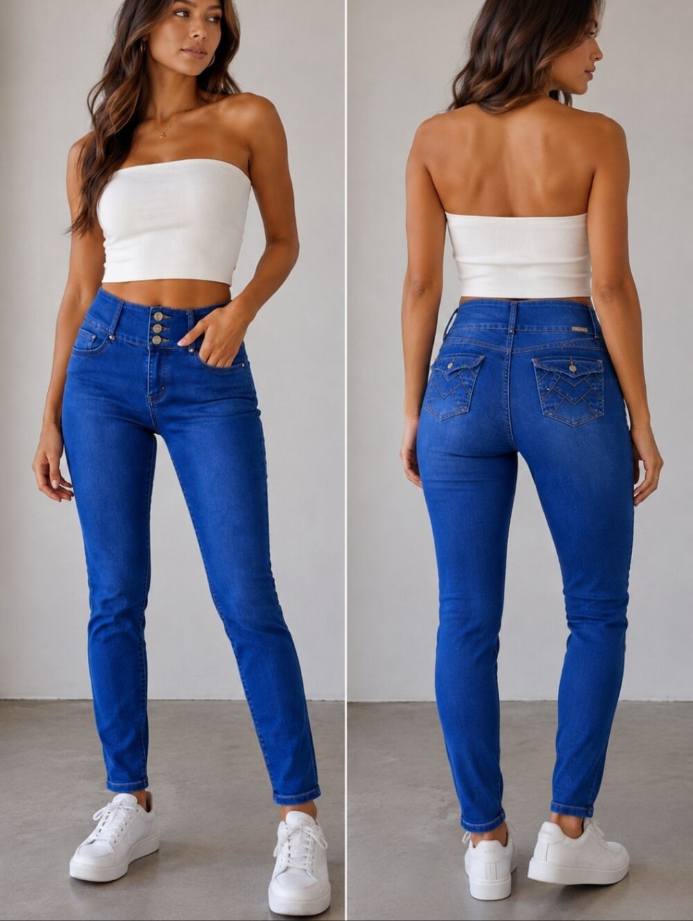 Kalowa Royal Blue Skinny Jeans with Triple-Button Waist